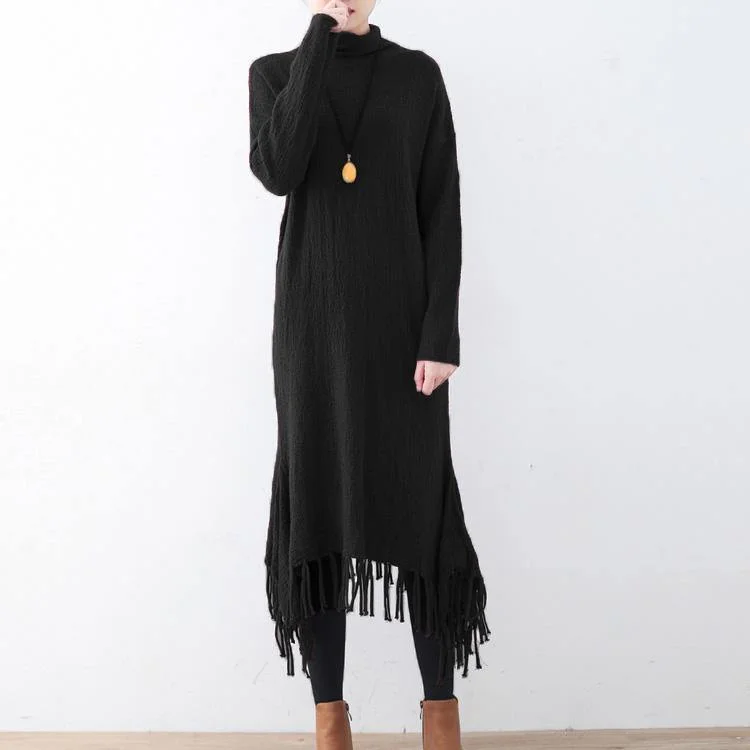 2017 black wool sweater dress oversized tassel long knit sweaters Elegant slim long knit sweaters