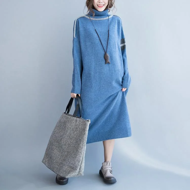 aesthetic Sweater weather plus size high neck light blue baggy knitwear dresses