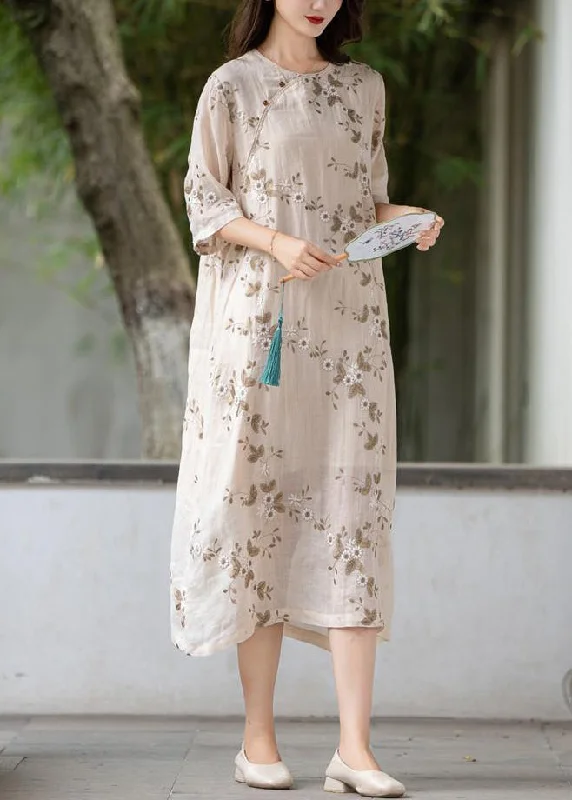 Apricot Button Linen Long Dress O Neck Half Sleeve MN056