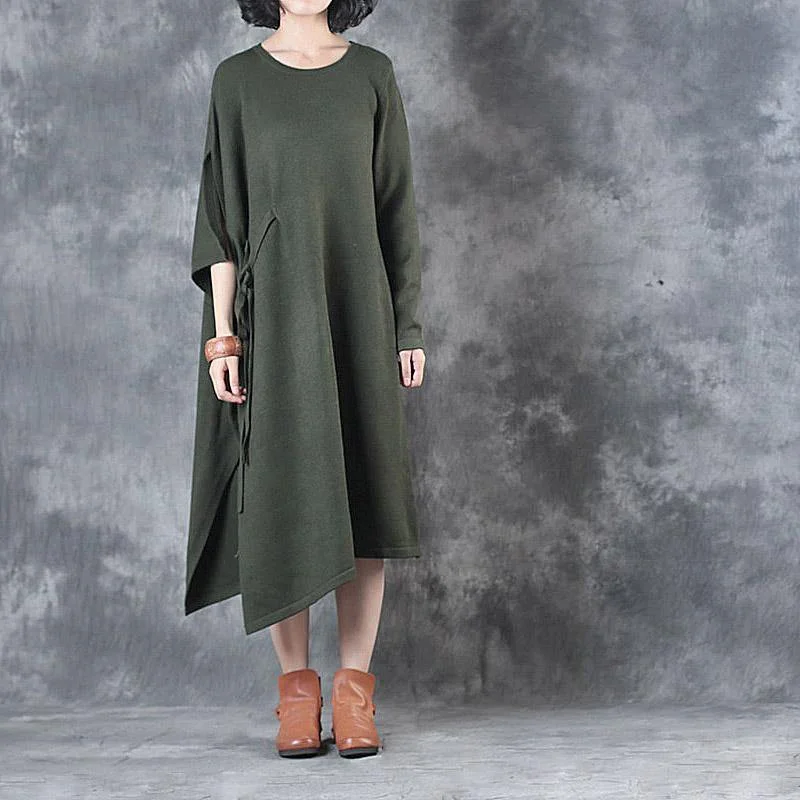 autumn green casual sweater dresses plus size asymmetric knit dress