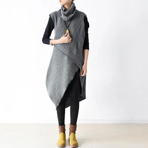 Autumn original design gray thick woolen dresses plus size casual knit sweaters dresses two pieces