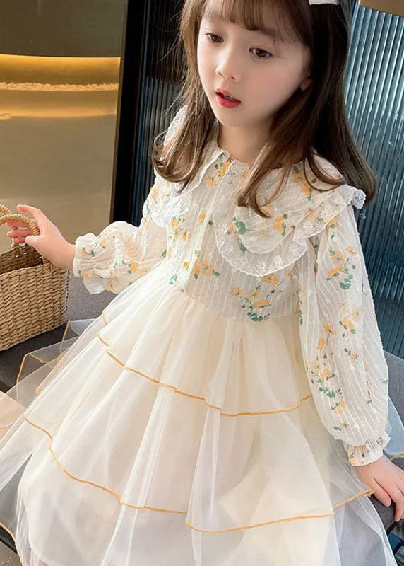 Beautiful Apricot Peter Pan Collar Patchwork Tulle Girls Long Dresses Long Sleeve SS1040