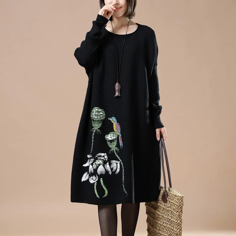 Black floral sweaters long knit dress