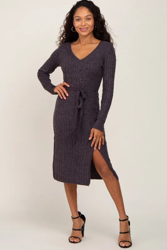 Charcoal Brushed Cable Knit Sweater Dress