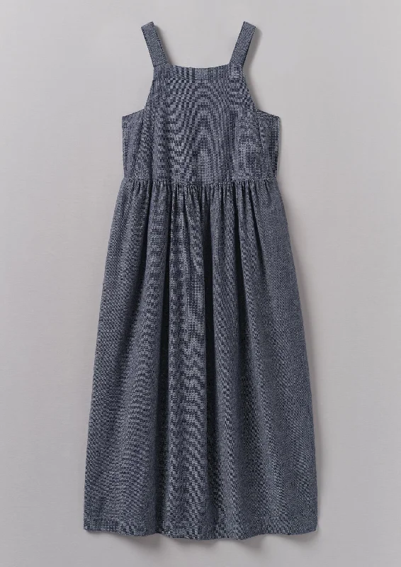 Cotton Linen Twill Gathered Waist Dress | Indigo Blue