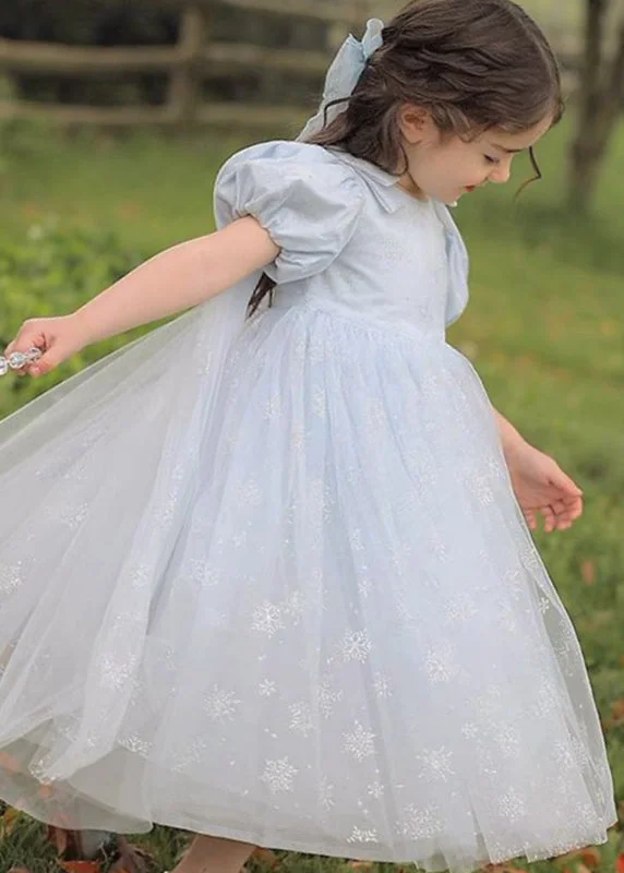 Cute Lighy Blue O-Neck Patchwork Wrinkled Tulle Kids Long Dress Summer XZ007