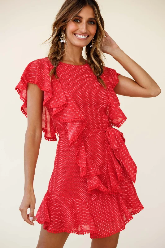 Deandra Ruffle Insert Waist Tie Dress Dash Pattern Red