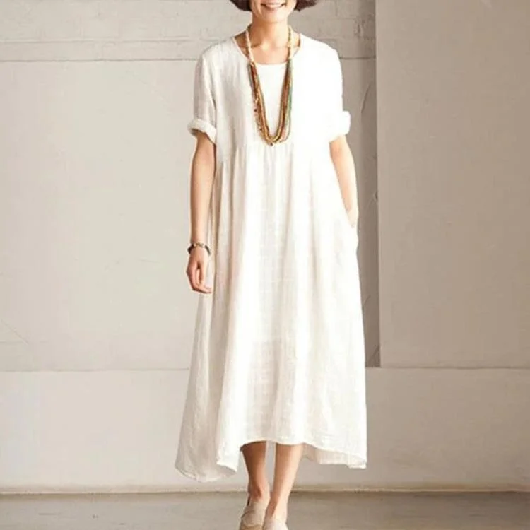 Fine White Short Sleeve Linen Dress Summer Long Dress ( Limited Stock)