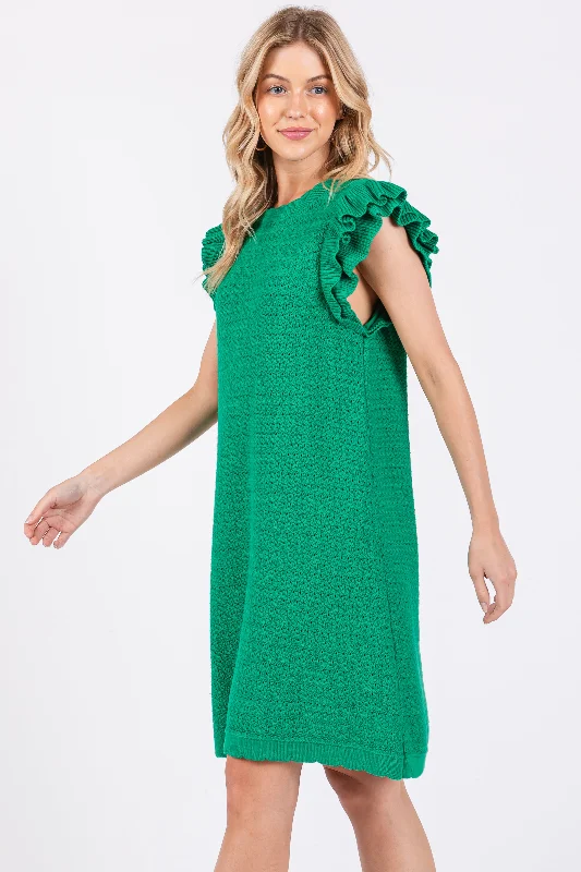 Green Knit Ruffle Sleeve Sweater Dress