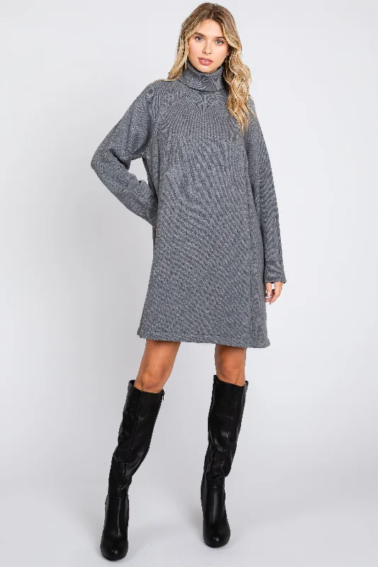 Grey Knit Turtleneck Sweater Dress