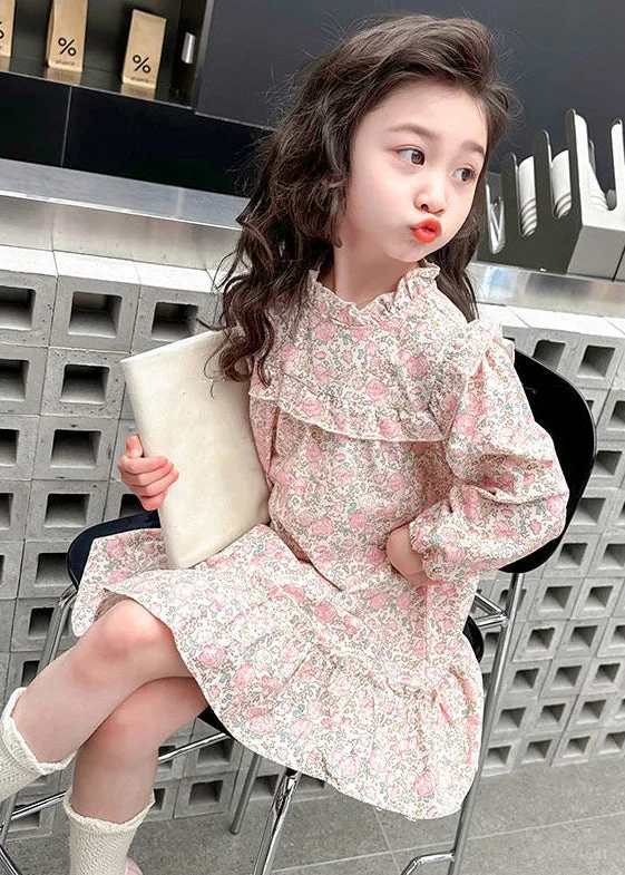 Lovely Pink Ruffled Print Cotton Girls Long Dress Fall XZ085