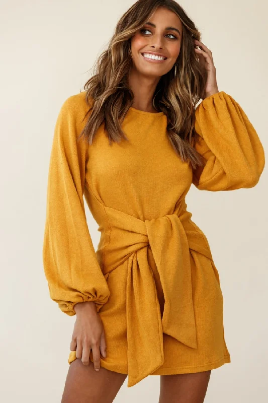 Rapt Waist Tie Knit Dress Mustard