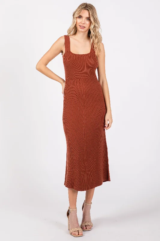 Rust Sweater Knit A-Line Midi Dress