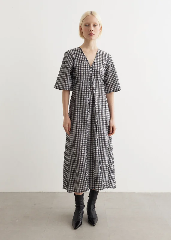 Seersucker Check V-Neck Long Dress