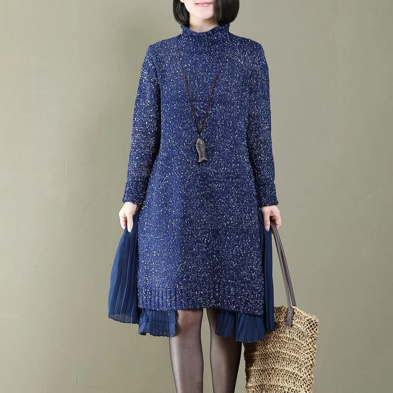 stylish blue pleated patchwork sweater dress oversize long sweaters women spring dresses