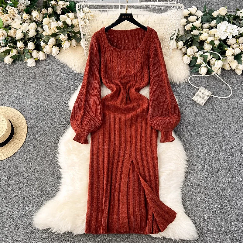 Sweater Dress Women's High-Quality Square Neck Puff Sleeve Knitted Skirt      S4615