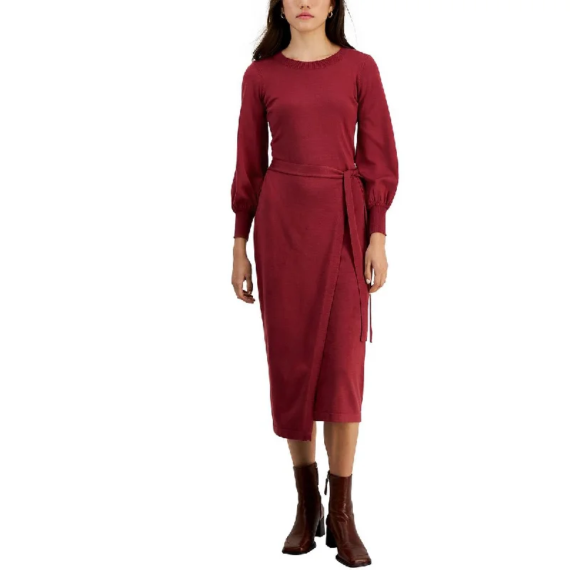 Taylor Womens Petites Belted Long Sweaterdress