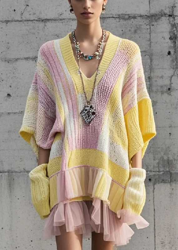 Unique Multicolor Oversized Patchwork Tulle Knit Sweater Dress Fall