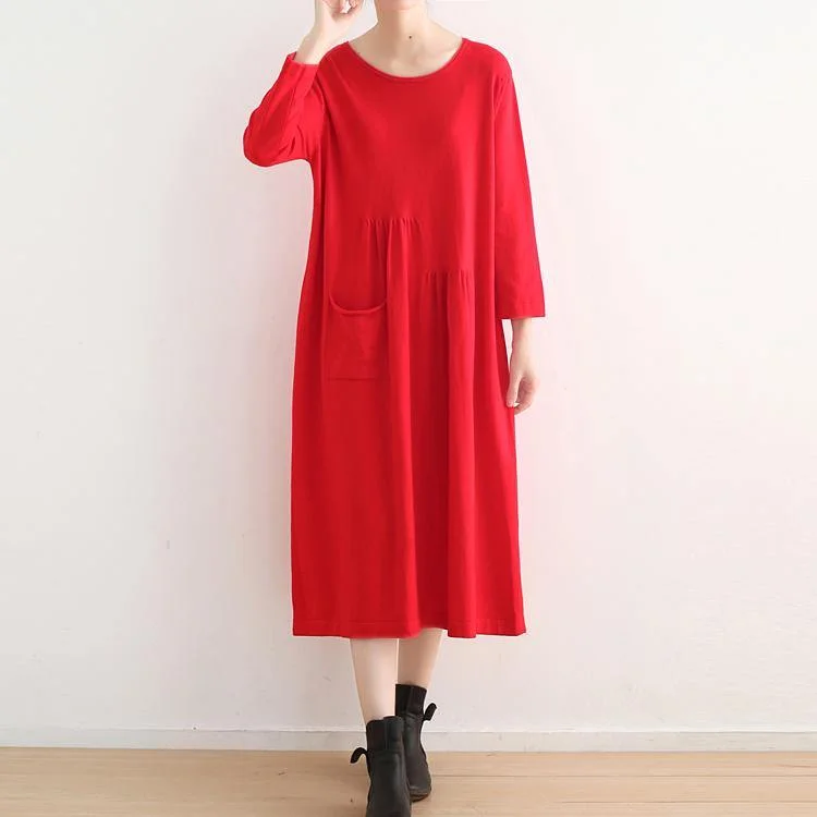 vintage red knit dresses plus size o neck winter dress vintage pockets long knit sweaters