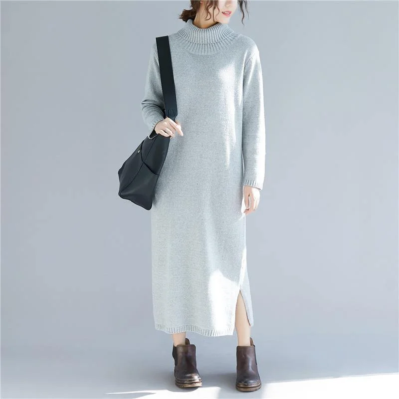 Women high neck Sweater outfits Largo gray DIY knitted dress fall