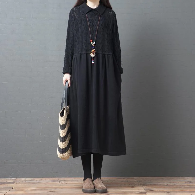 Women lapel wrinkled Sweater dress outfit Beautiful black DIY knit dresses