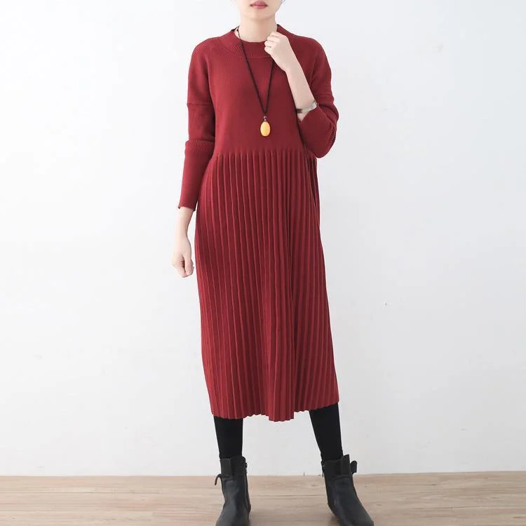 women red long sweaters oversized o neck sweater top quality wrinkled fall dresses