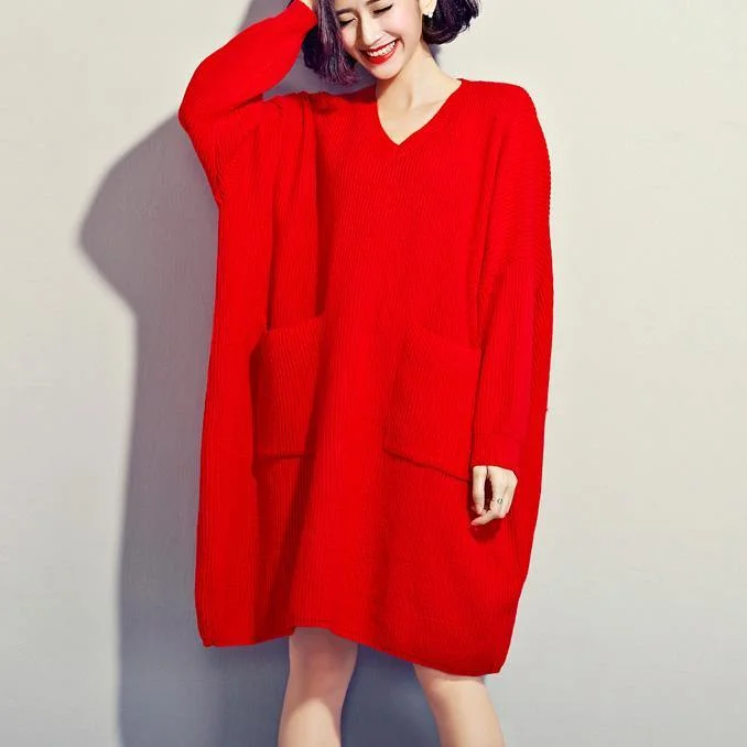 Women red Sweater dress outfit Quotes v neck DIY knitwear big pockets