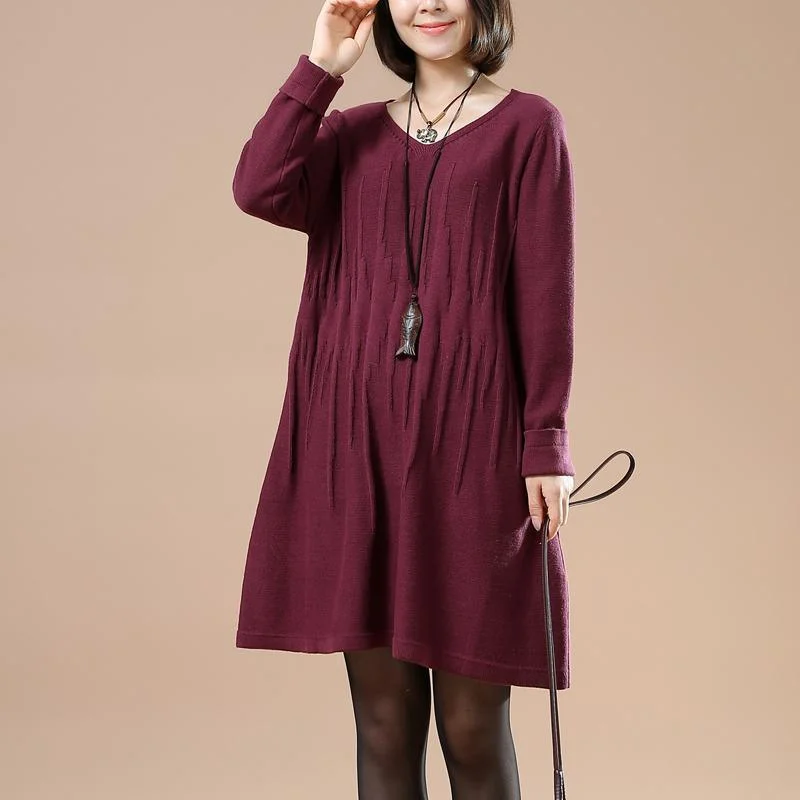 Wrinkled sweaters women knit winter dresses in burgundy