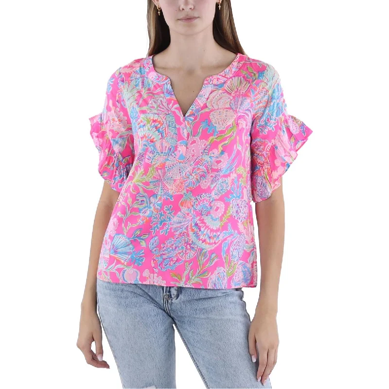 Lilly Pulitzer Womens Quinna Floral Print Split Neck Pullover Top