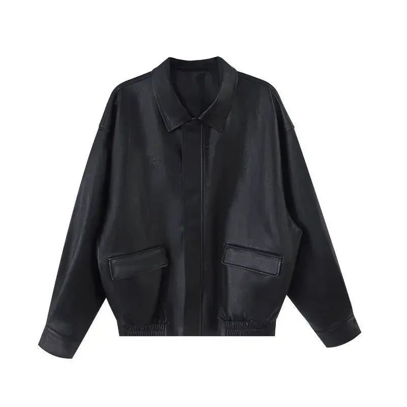 Women's Black Leather Motorcycle Jacket Outfit Oversized Cropped Coat