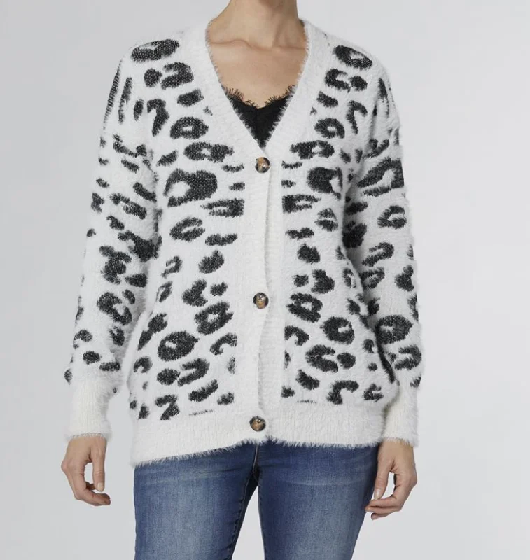 COCO & CARMEN SHELBY PRINTED EYELASH BOYFRIEND CARDIGAN - WINTER WHITE/ BLACK