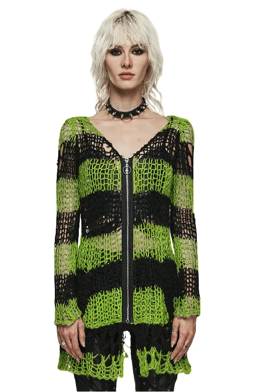 Punk Rave Shredded Green and Black Striped Cardigan